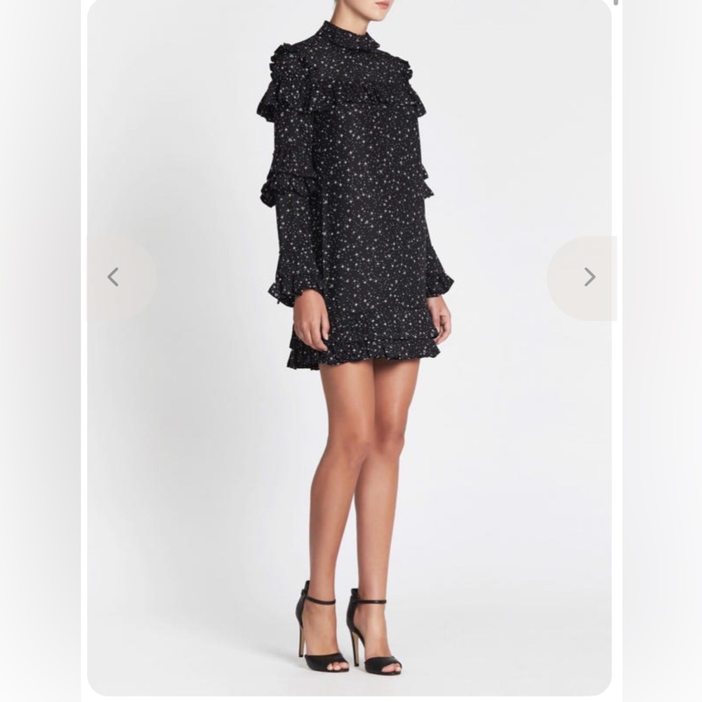 Frame Black ruffle mini dress with star diamond print. Size 4